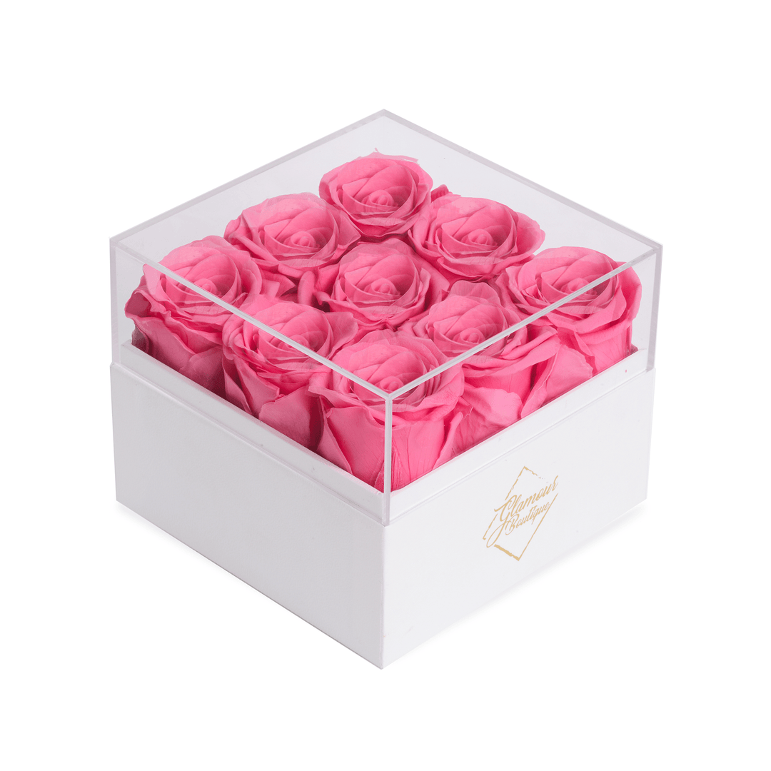 Eternal Elegance square white box with 9 pink preserved roses - luxury gift by Glamour Boutique
