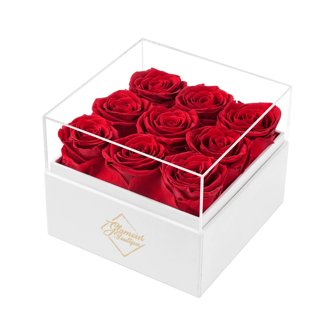 Eternal Elegance square white box with 9 red preserved roses - luxury gift by Glamour Boutique
