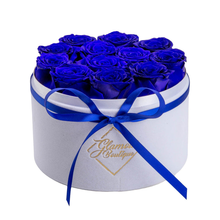 Eternal Prestige velvet white box with 12 blue preserved roses - luxury gift by Glamour Boutique