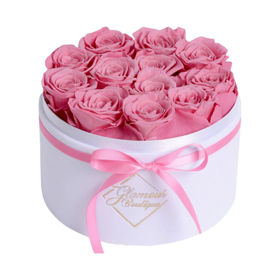 Eternal Prestige velvet white box with 12 pink preserved roses - luxury gift by Glamour Boutique