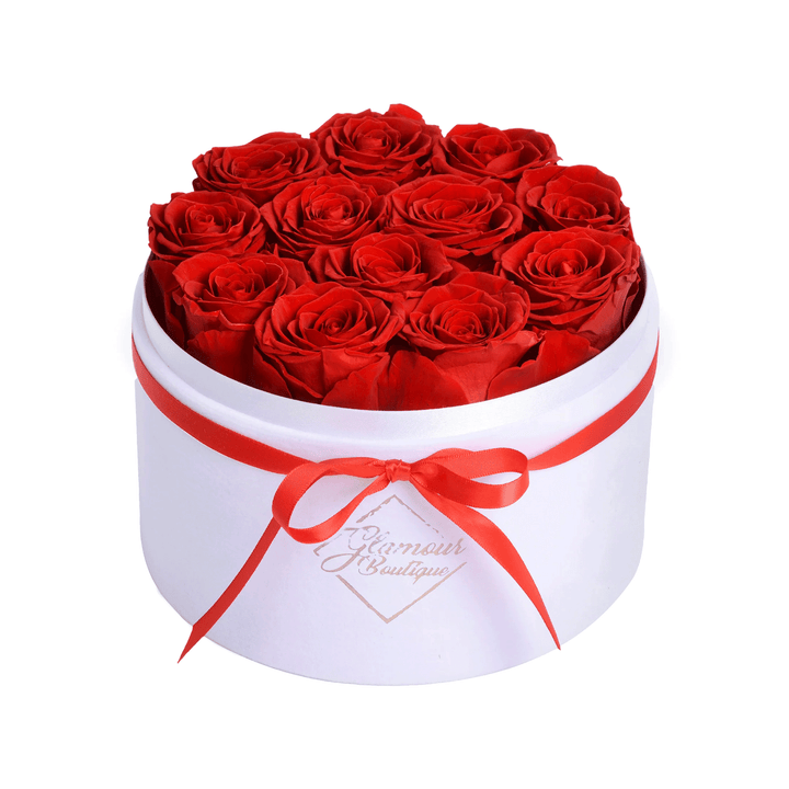 Eternal Prestige velvet white box with 12 red preserved roses - luxury gift by Glamour Boutique