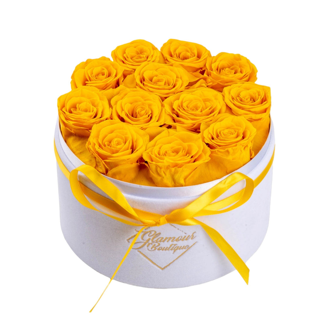 Eternal Prestige velvet white box with 12 yellow preserved roses - luxury gift by Glamour Boutique