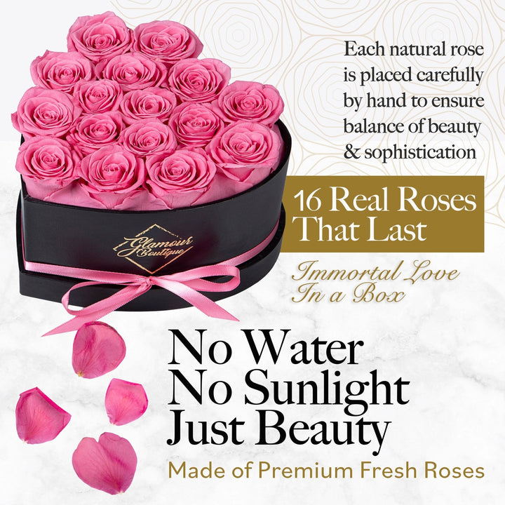 Immortal Love Heart Box |16 Pink Roses - Glamour Boutique