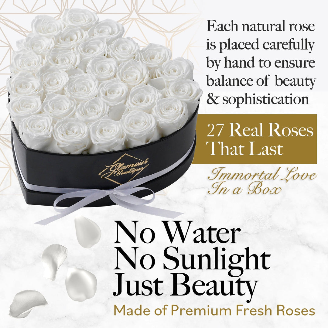 Immortal Love Heart Box | 27 White Roses - Glamour Boutique