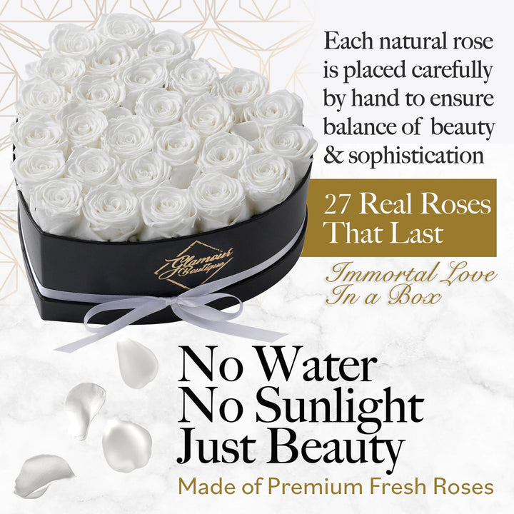 Immortal Love Heart Box | 27 White Roses - Glamour Boutique