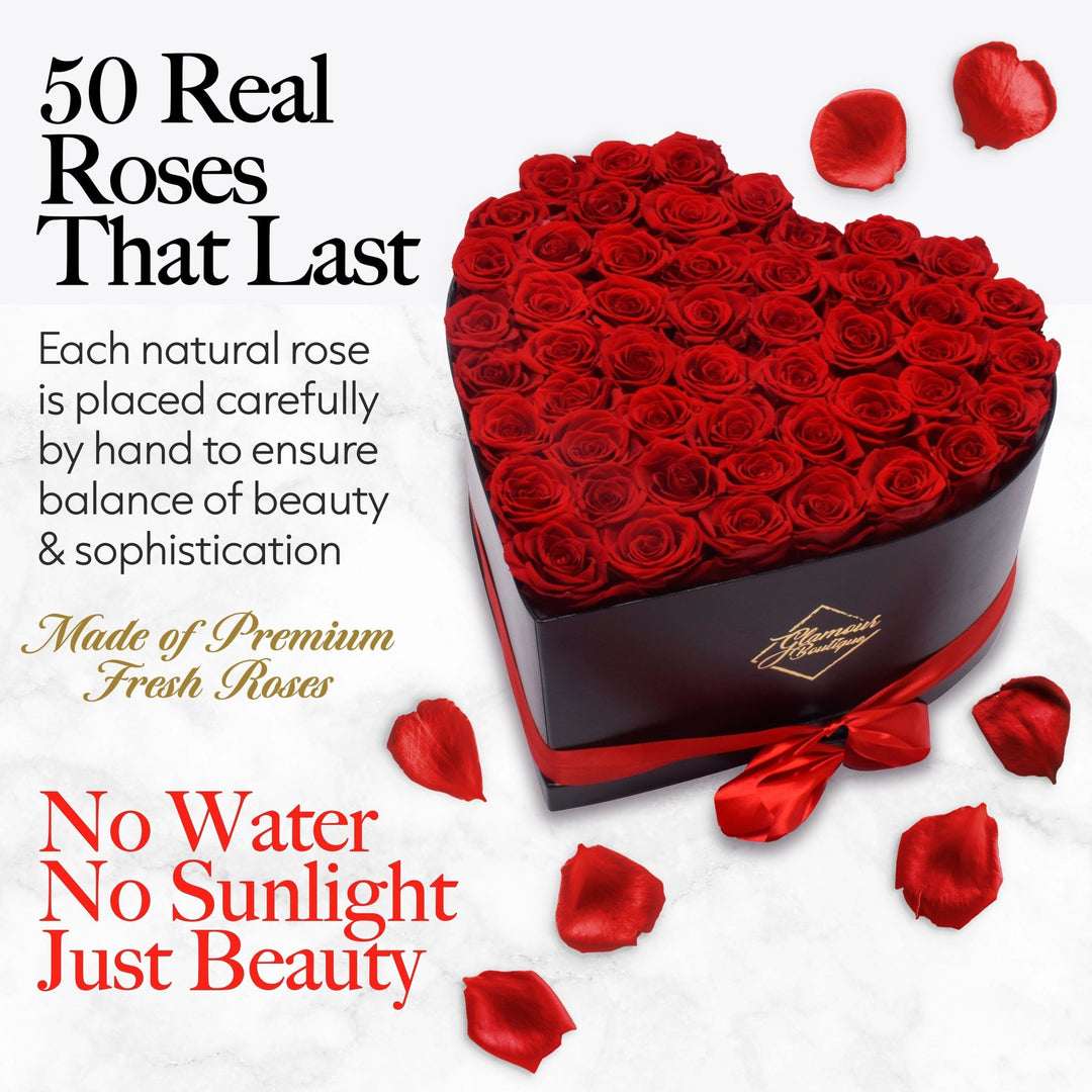 Immortal Love Heart Box | 50 Red Roses - Glamour Boutique