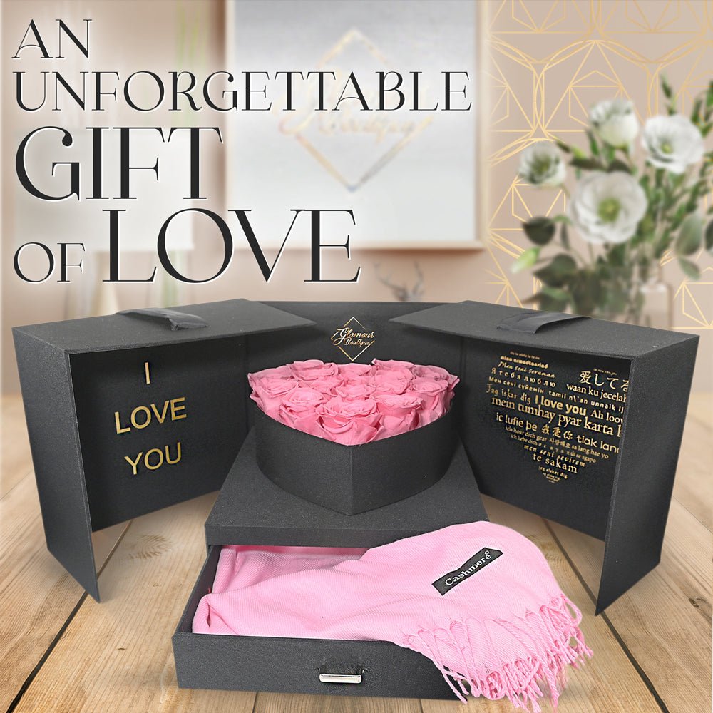 Infinite Romance Love Box with Scarf |16 Pink Roses - Glamour Boutique
