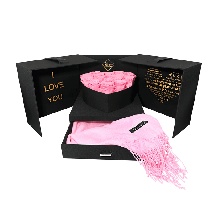 Infinite Romance love box with scarf and 16 pink preserved roses - luxury gift by Glamour Boutique