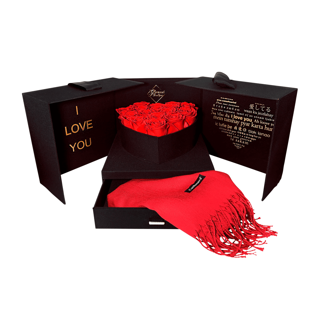 Infinite Romance love box with scarf and 16 red preserved roses - luxury gift by Glamour Boutique