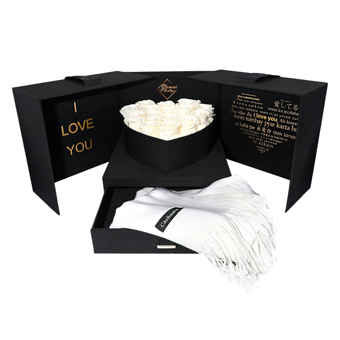 Infinite Romance love box with scarf and 16 white preserved roses by Glamour Boutique