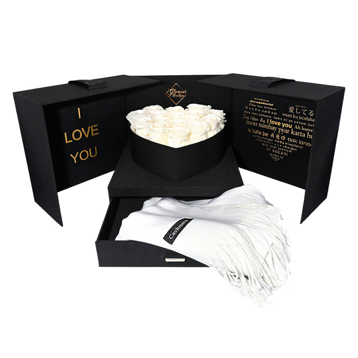 Infinite Romance love box with scarf and 16 white preserved roses by Glamour Boutique