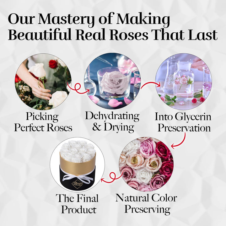 Lasting Beauty Round Black Gold Box | 12 White Roses - Glamour Boutique
