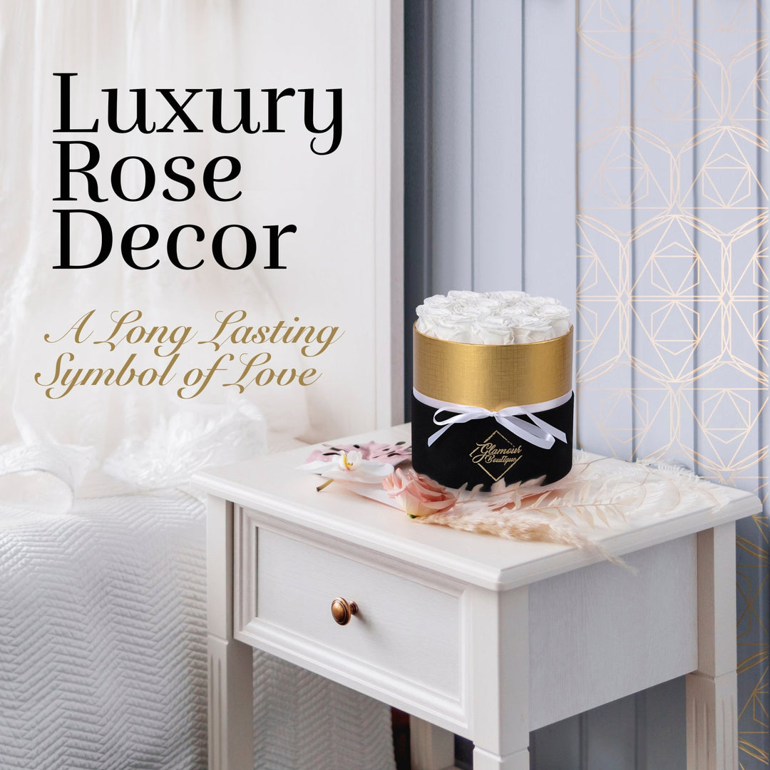 Lasting Beauty Round Black Gold Box | 12 White Roses - Glamour Boutique