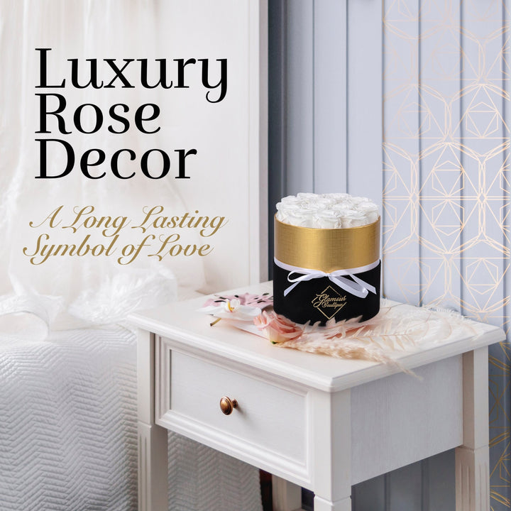 Lasting Beauty Round Black Gold Box | 12 White Roses - Glamour Boutique