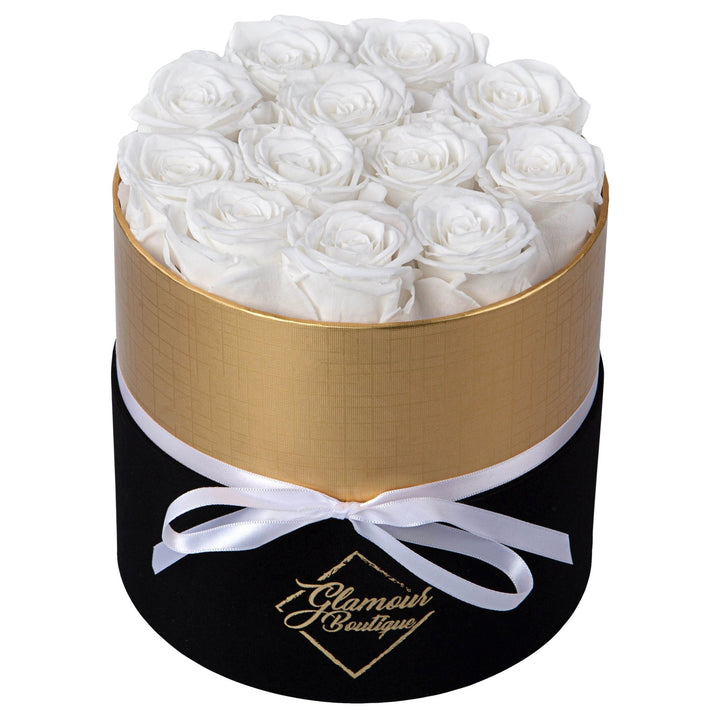 Lasting Beauty round black gold box with 12 white preserved roses by Glamour Boutique