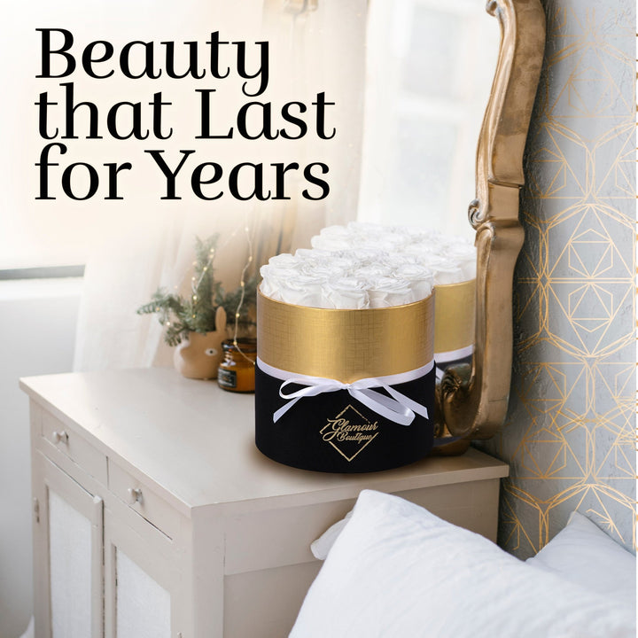 Lasting Beauty Round Black Gold Box | 12 White Roses - Glamour Boutique