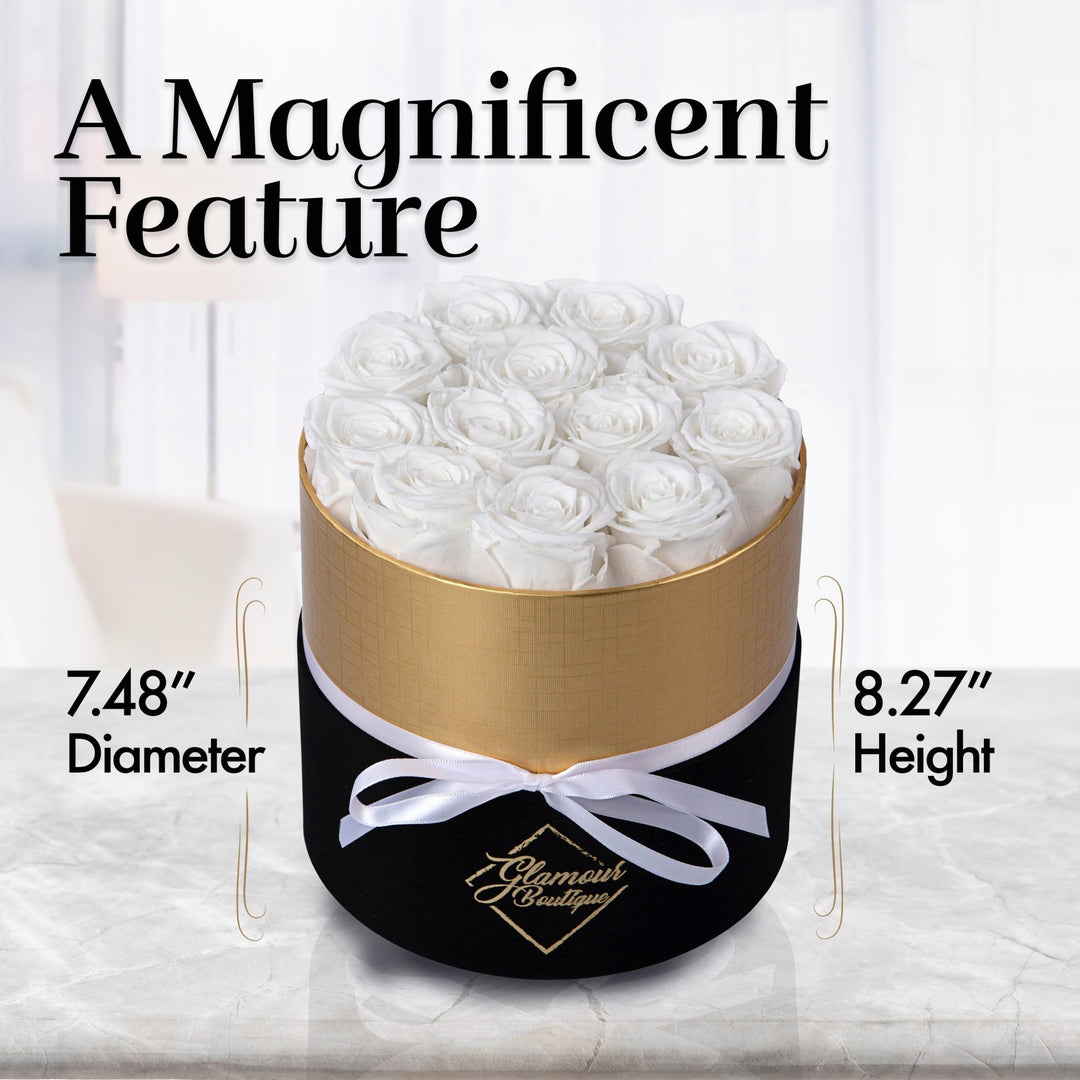 Lasting Beauty Round Black Gold Box | 12 White Roses - Glamour Boutique
