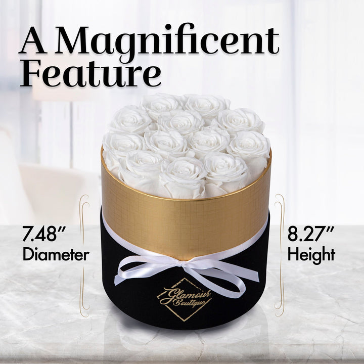 Lasting Beauty Round Black Gold Box | 12 White Roses - Glamour Boutique