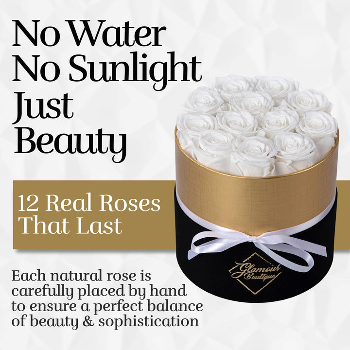 Lasting Beauty Round Black Gold Box | 12 White Roses - Glamour Boutique