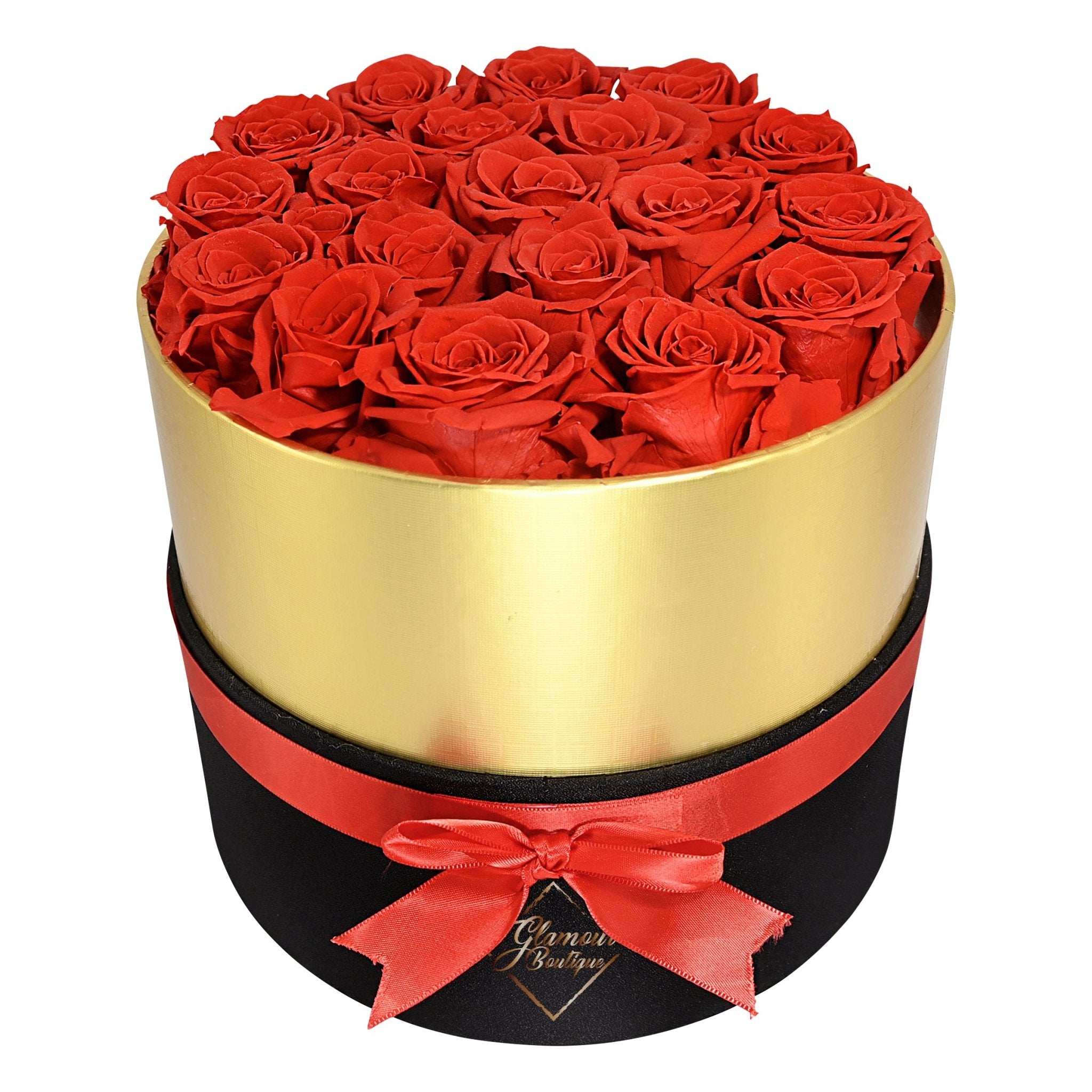 19 Preserved Roses in Round Black Gold Box – Red Forever Roses ...