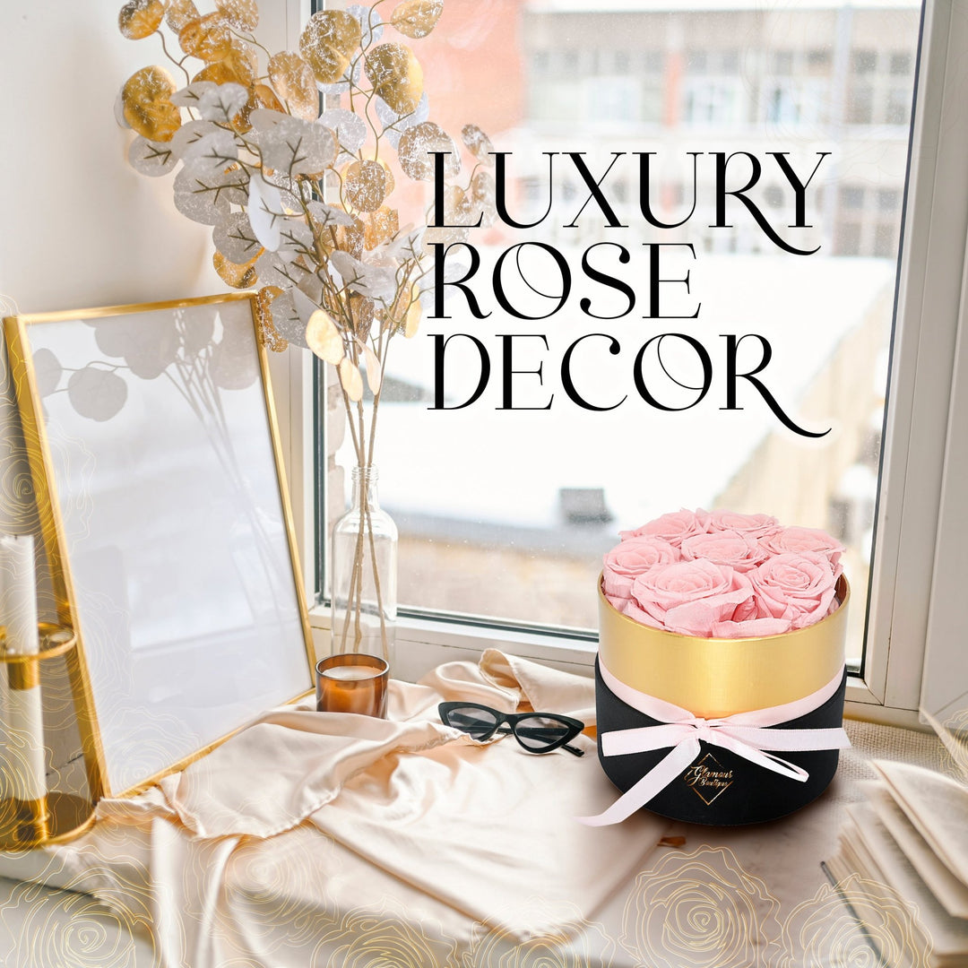 Lasting Beauty Round Black Gold Box |7 Pink Roses - Glamour Boutique