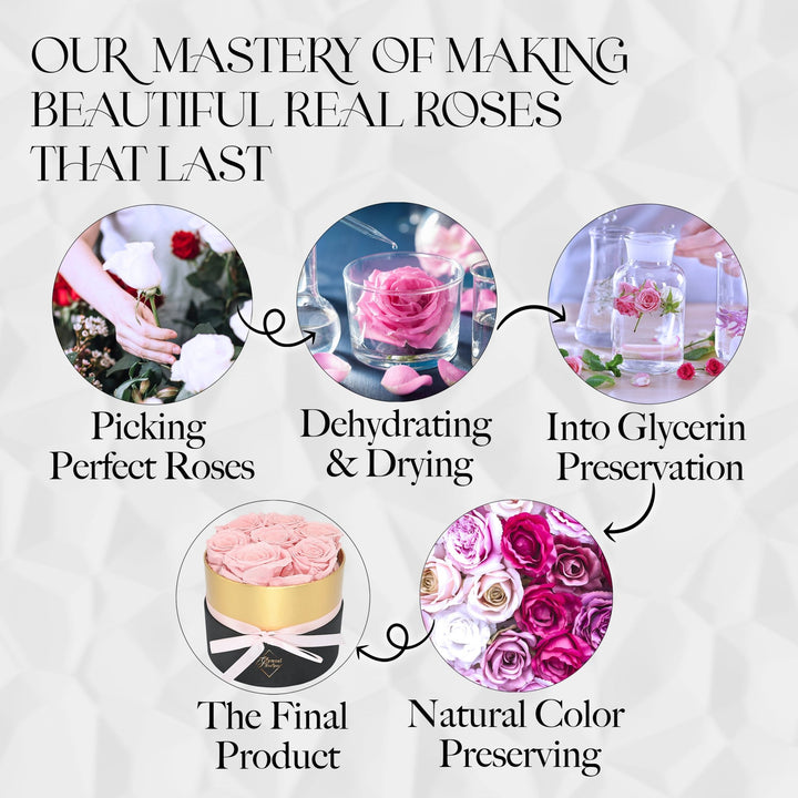 Lasting Beauty Round Black Gold Box |7 Pink Roses - Glamour Boutique