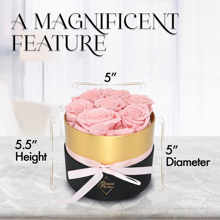 Lasting Beauty Round Black Gold Box |7 Pink Roses - Glamour Boutique