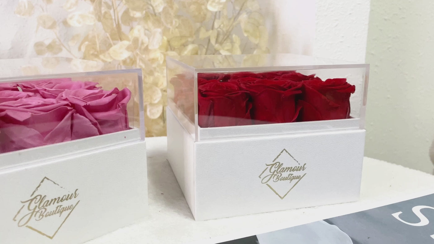 9 Preserved Roses Cased in White Box with Acrylic Cover - Pink