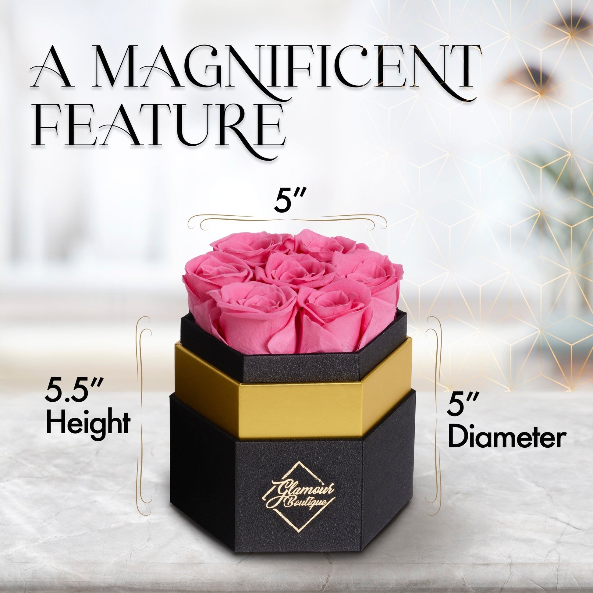 Timeless Charm Hexagon Black Box | 7 Pink Roses - Glamour Boutique