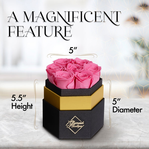 Timeless Charm Hexagon Black Box | 7 Pink Roses - Glamour Boutique