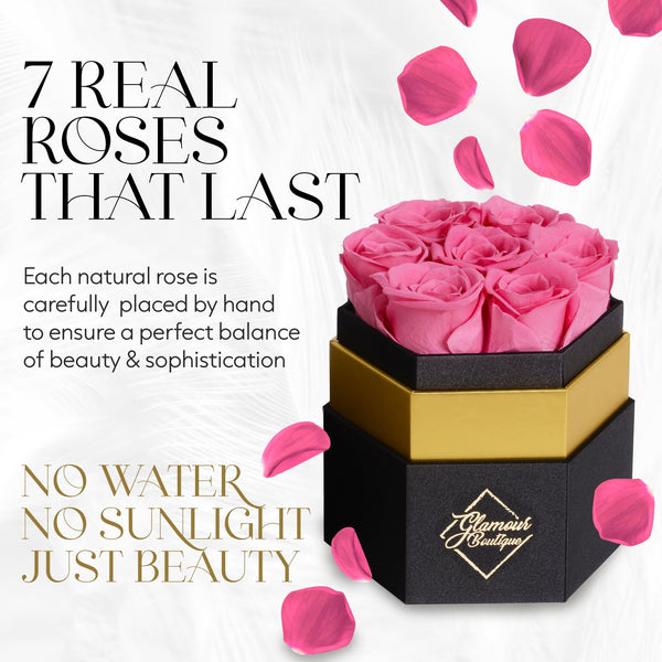 Timeless Charm Hexagon Black Box | 7 Pink Roses - Glamour Boutique