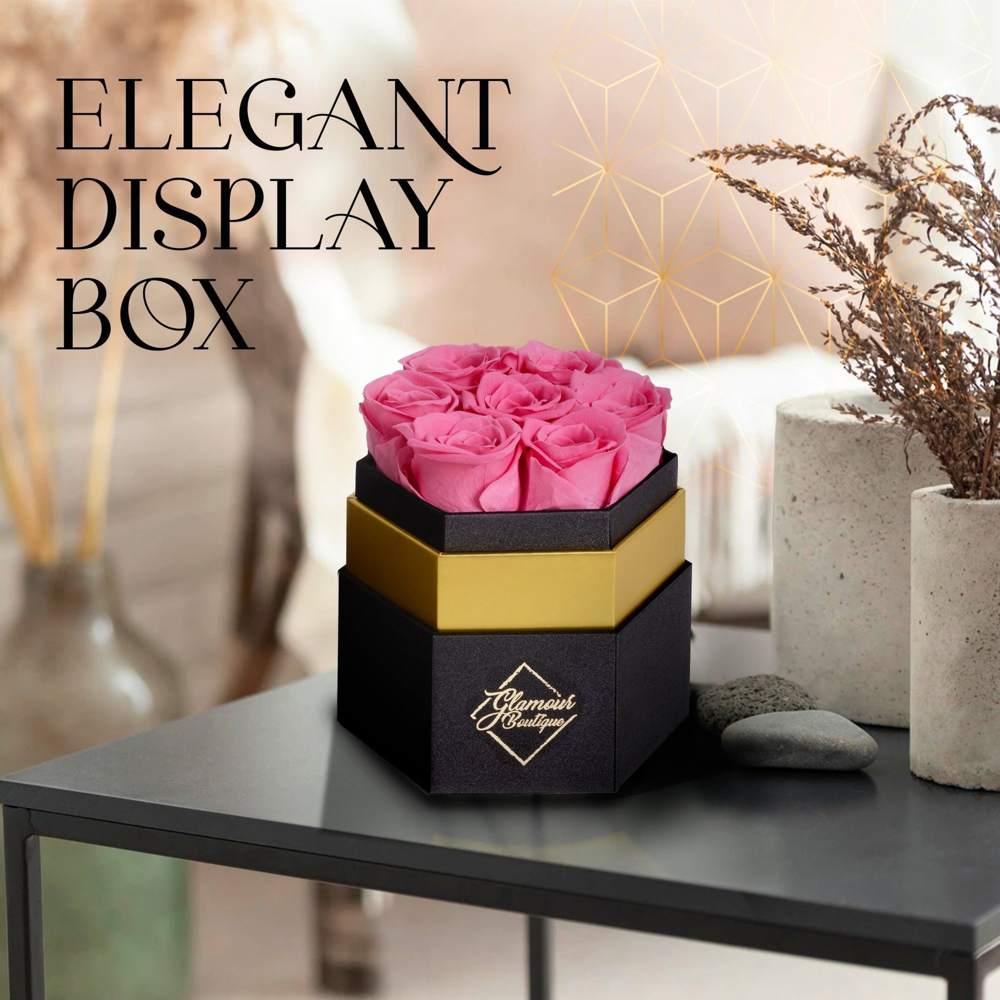 Timeless Charm Hexagon Black Box | 7 Pink Roses - Glamour Boutique