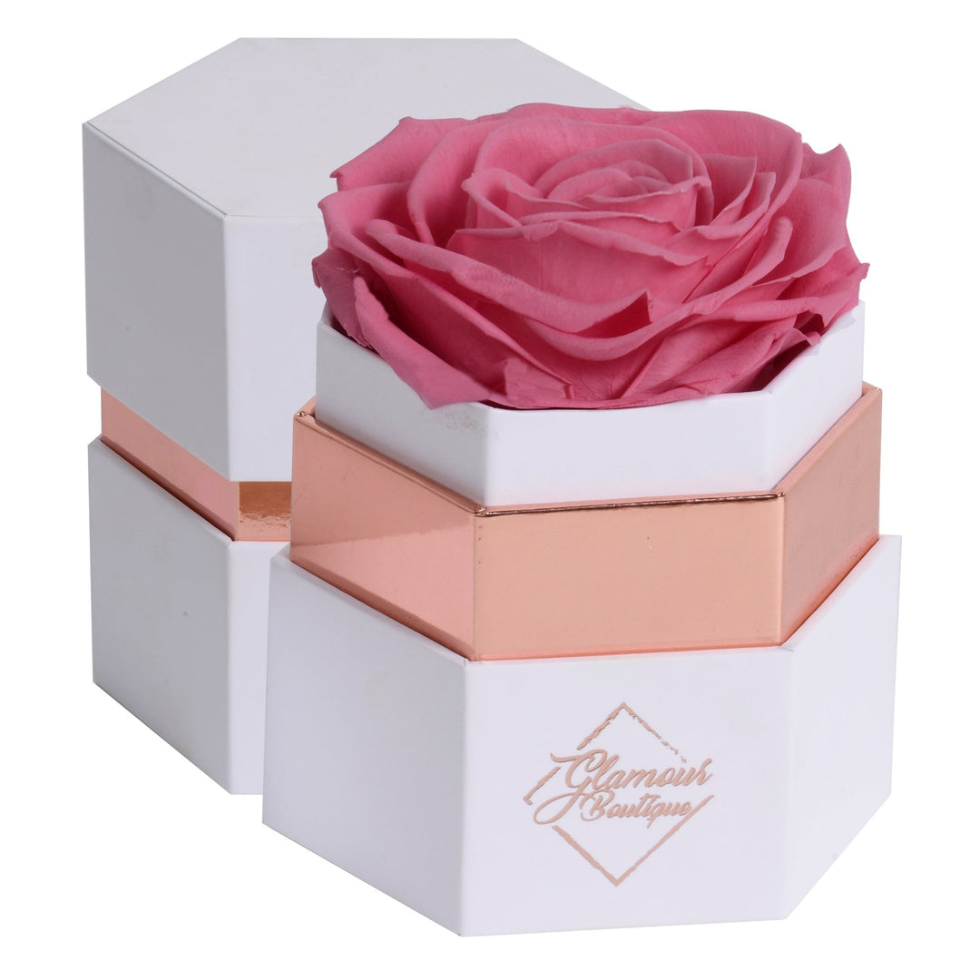 Timeless Charm hexagon box with a single pink immortal preserved rose - Glamour Boutique