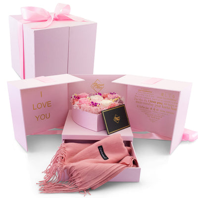 Glamour Boutique Pink Open Heart Love Box with Mix Preserved Flowers - Mix Pink Flowers with Matching Scarf