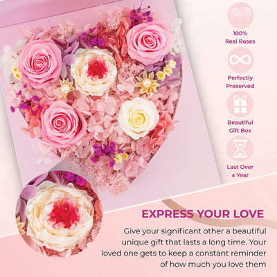 Glamour Boutique Pink Open Heart Love Box with Mix Preserved Flowers - Mix Pink Flowers with Matching Scarf
