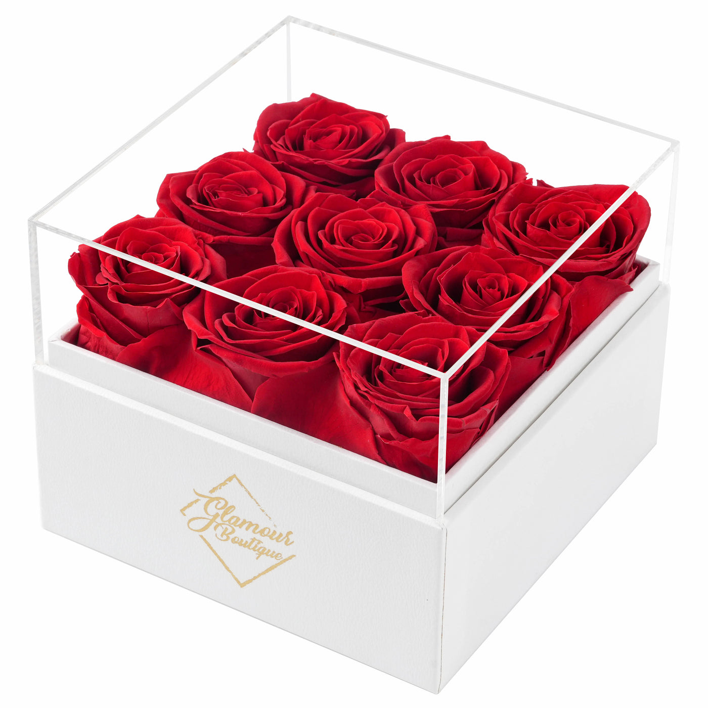 9 Preserved Roses Cased in White Box with Acrylic Cover - Red